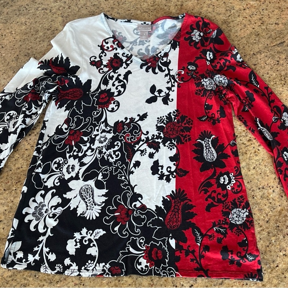 Chico's womens Long Sleeve Floral Top - Red, Black, White size 1